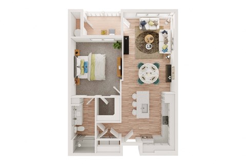 a stylized floor plan of a house with a bedroom and living room